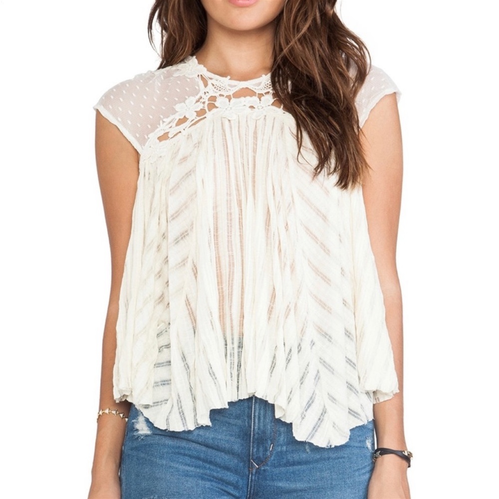 Free People Cream Lace Mesh Sleeveless Sheer Blouse Size L